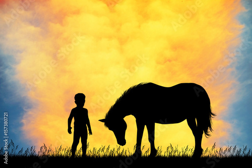 Fototapeta Naklejka Na Ścianę i Meble -  kid and horse at sunset