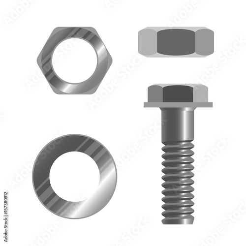 Bolt fastener and several types of nuts realistic vector illustration isolated