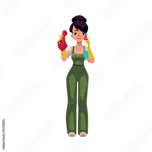 Cleaning service girl, charwoman in overalls washing windows, cartoon vector illustration isolated on white background. Cleaning service girl holding duster and window cleaner, wearing uniform