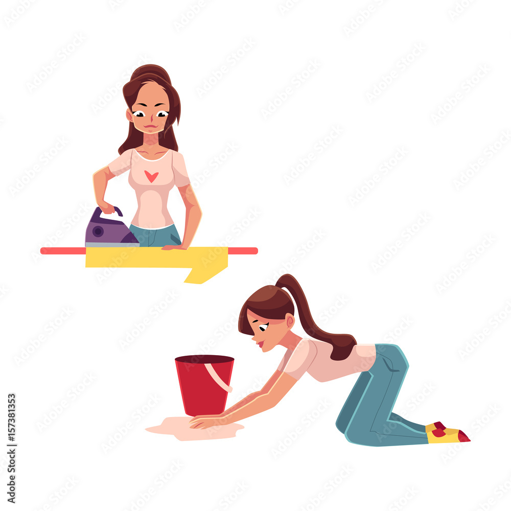 Pretty young woman, housewife doing housework - ironing, washing the floor, cartoon vector illustration isolated on white background. Beautiful woman, girl washing floor, ironing, cleaning her house Pretty young woman, housewife doing housework - ironing, washing the floor, cartoon vector illustration isolated on white background. Beautiful woman, girl washing floor, ironing, cleaning her house