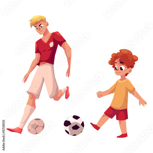 Little boy and adult soccer player playing football, choice of profession concept, cartoon vector illustration isolated on white background. Professional soccer player and little boy playing football