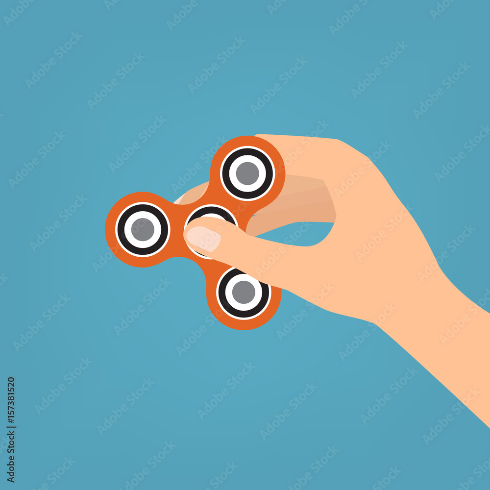 Obraz premium Human hand with Hand spinner, Fidget Spinner toy for increased focus on blue background. Vector illustration.