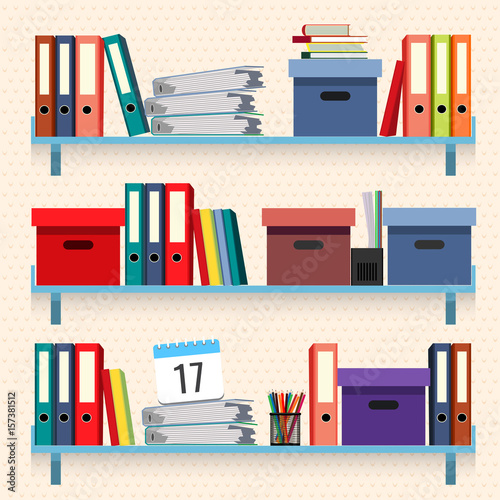 Documents and folders on shelves set vector illustration isolated