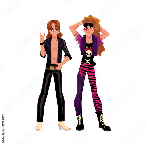 Couple of young men, guys dressed as glam rock stars, cartoon vector illustration isolated on white background. Full length portrait of two young people dressed as glam rock stars, leather, army boots