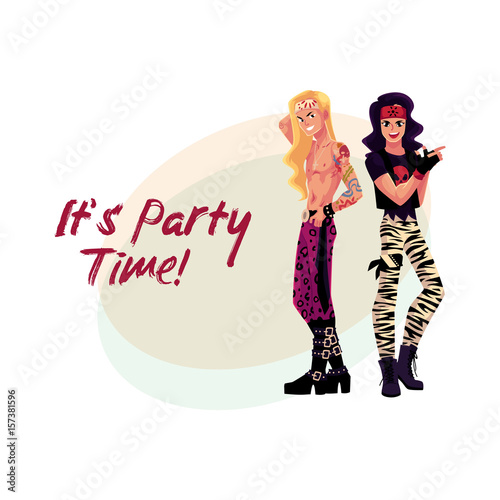 Glam rock party invitation, banner poster template with two young men in leather clothing, cartoon vector illustration. Glam rock party invitation banner, poster layout with rock star boys