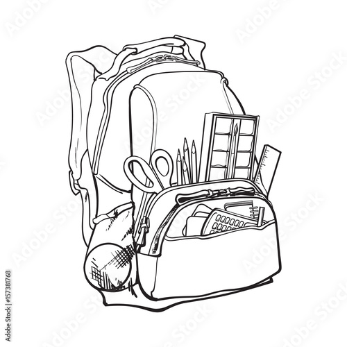 Premium Vector | School bag backpack black and white vector illustration  isolated in doodle style
