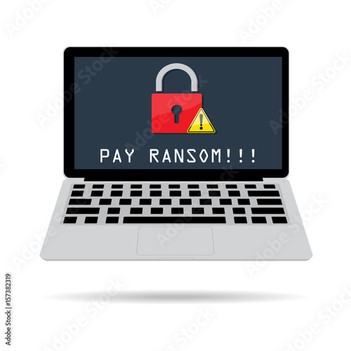 Computer laptop with red key lock with exclamation mark and malware ransomware attack massage pay ransom. Vector illustration cybercrime and cyber security concept.