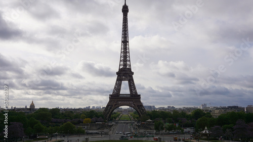 Photo of Eiffel Tower on a spring cloudy morning, Paris, France © aerial-drone