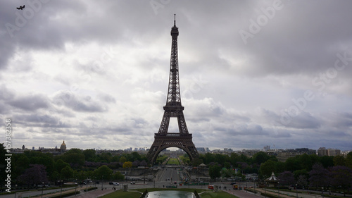 Photo of Eiffel Tower on a spring cloudy morning, Paris, France © aerial-drone