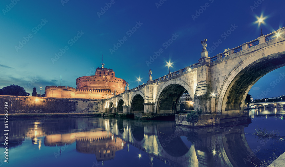 Rome sunset, Tevere river bridge under Castel Santangelo