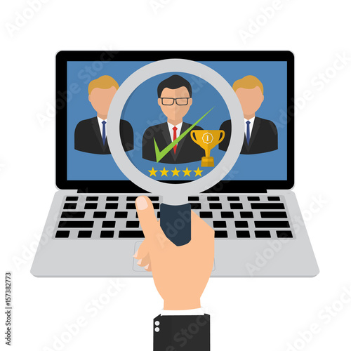 Recruitment hand with zoom magnifying glass picking business person candidate people group. Vector illustration headhunter human resources concepts.