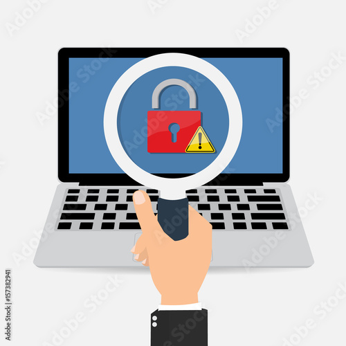 Businessman hand with magnifying glass found Computer laptop with red key lock with exclamation mark and malware ransomware attack . Vector illustration cybercrime and cyber security concept.