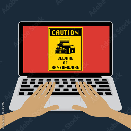 Human hands on computer laptop with beware of ransomware sign on screen. Vector illustration cybercrime and cyber security concept.