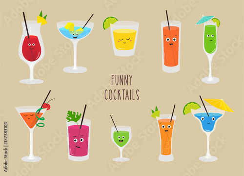 Set of funny cocktails. Colorful drinks in different glasses with straw. Vector illustration in cartoon style.