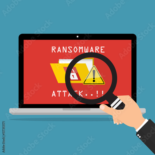 Computer laptop desktop screen show massage ransomware attack of malware wannacry ransomware virus encrypted files. Vector illustration cybercrime and cyber security concept.