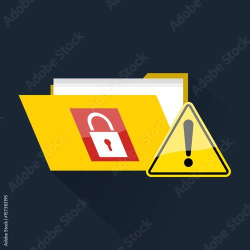 Design logo sticker with folder locked ransomware malware wannacry virus encrypted files and exclamation warning caution sign. Vector illustration cybercrime and cyber security concept.