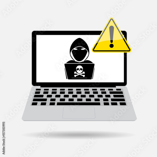 Computer laptop with Exclamation mark and black shadow hacker on screen. Vector illustration cybercrime and cyber security concept.