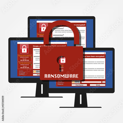 Malware Ransomware wannacry virus encrypted files and show massage for bitcon payment on computer PC display and red key lock ransomware. Vector illustration cybercrime and cyber security concept.