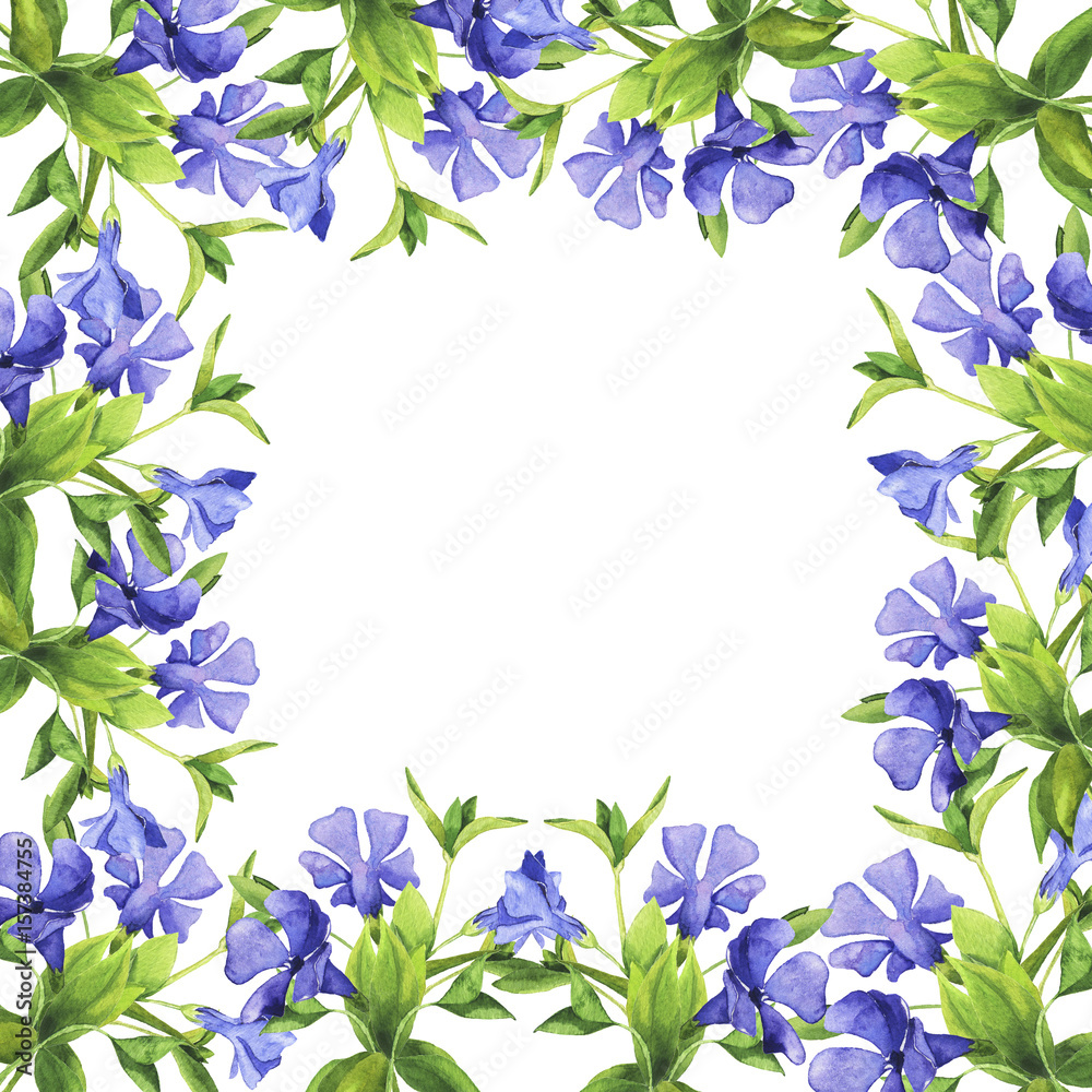 Border with blue bell flowers and green leaves on white background. Hand drawn watercolor illustration.