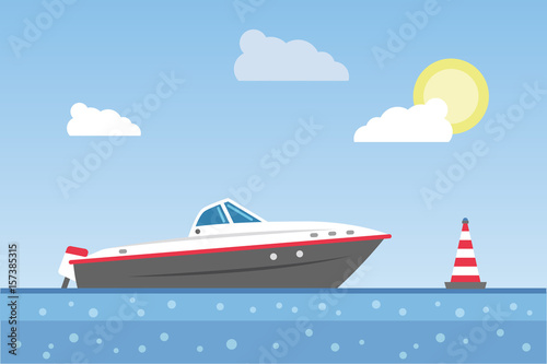 A boat near a buoy against the sea. Vector Illustration.