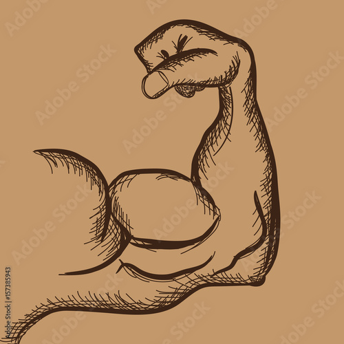 Strong power, muscle arm with trendy hand drawn sketch style vector icon