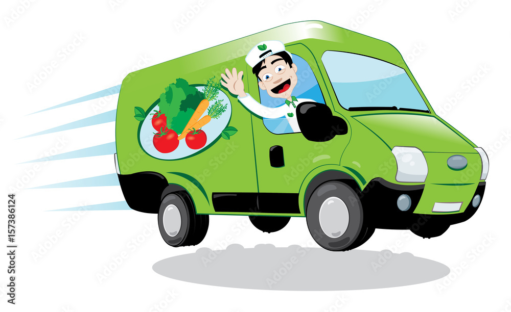 a vector cartoon representing a funny green fresh food delivery van driven by a friendly man cheering - fresh vegetables and fruit delivery concept