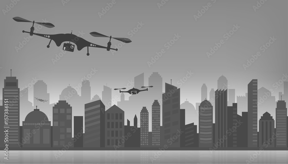Flying Drones and Cityscape Vector Illustration Flying Drones and Cityscape Vector Illustration