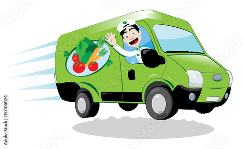 a vector cartoon representing a funny green fresh food delivery van driven by a friendly man cheering - fresh vegetables and fruit delivery concept