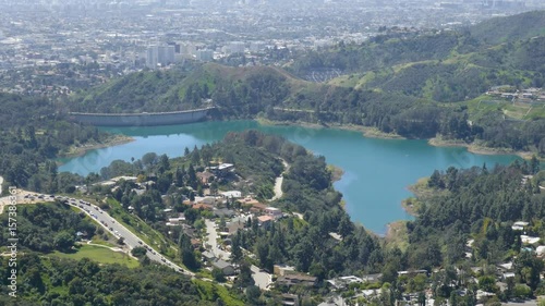 4K Video of Hollywood reservoir from top with blue sky