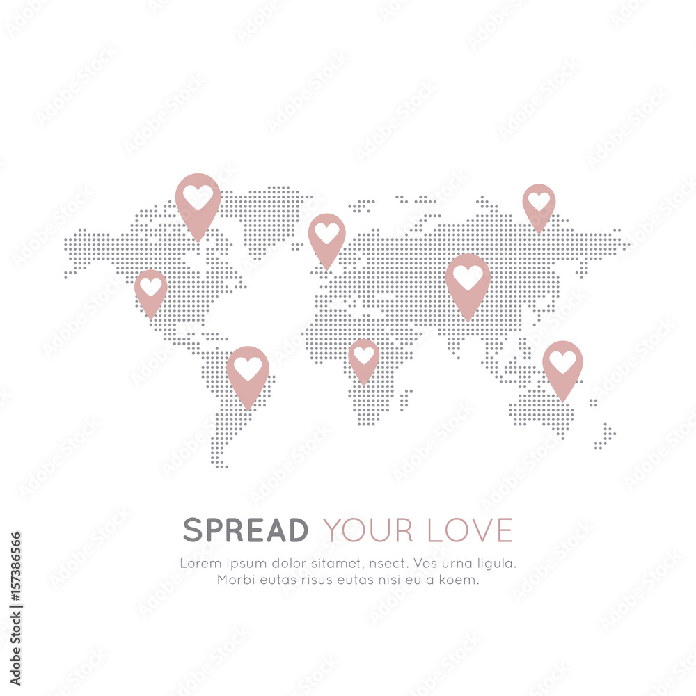 Vector Icon Style Illustration Map Background for Nonprofit Organizations and Donation Centre. Fundraising Symbols, Crowdfunding and Charity Project Label, Heart Geo Tag