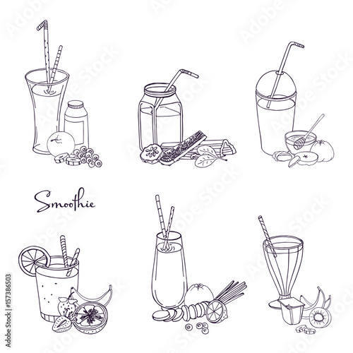 Different smoothie set. Collection of various summer drinks with fruits, berries, vegetables. Hand drawn vector illustration.