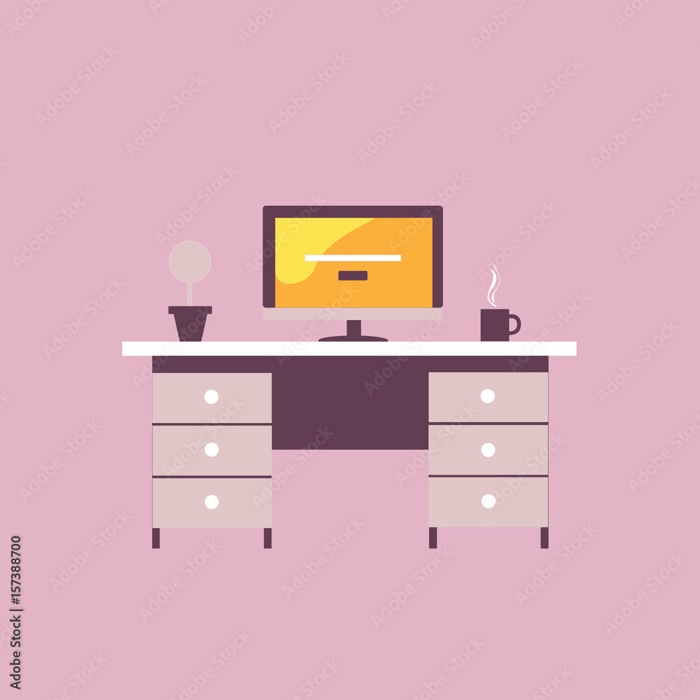 Flat design concept of workspace with computer on background. Flat design concept of workspace with computer on background.