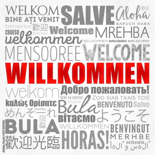 Willkommen (Welcome in German) word cloud in different languages, conceptual background