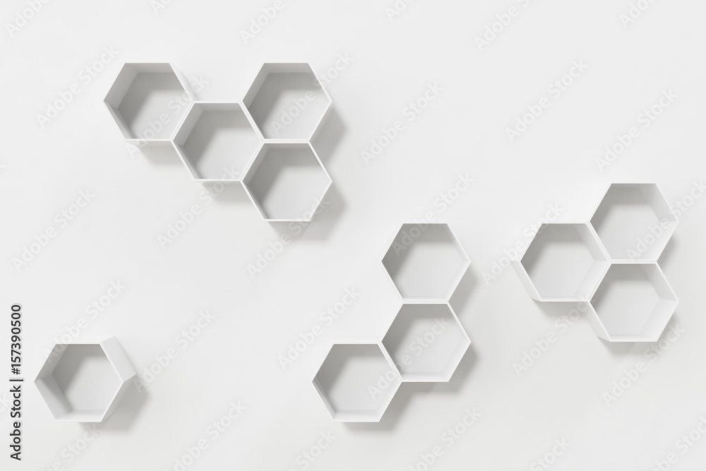 Empty white wall with hexagon shelves on the wall, 3D rendering Empty white wall with hexagon shelves on the wall, 3D rendering