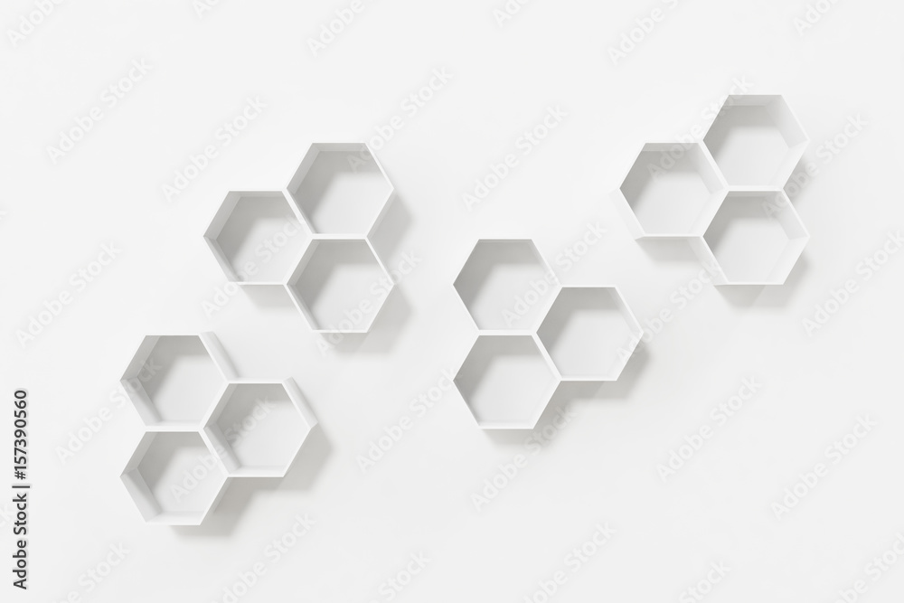 Empty white wall with hexagon shelves on the wall, 3D rendering