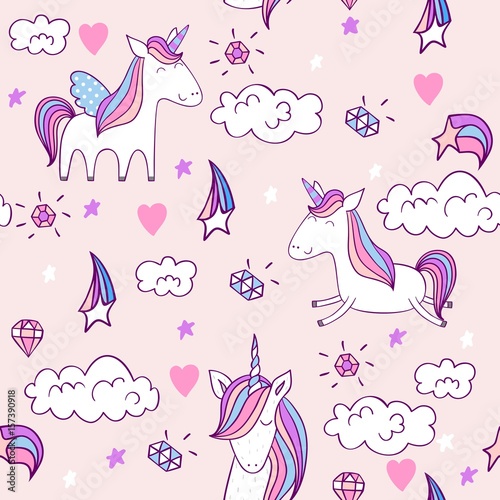Magic cute unicorn with castle. Vector seamless pattern