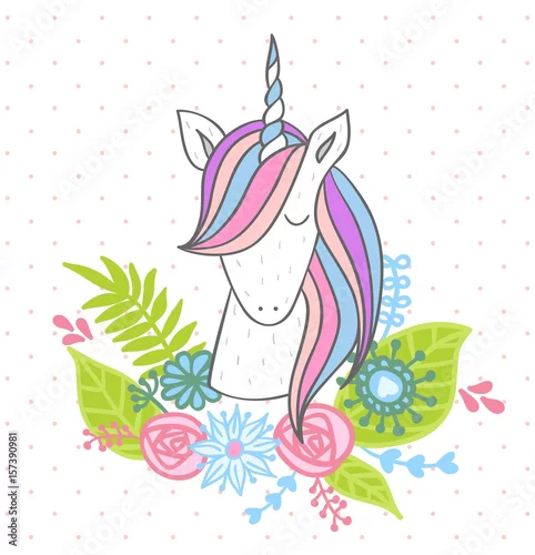 Obraz Magiczny jednorożec z kwiatami. Wektor kartkę z życzeniami.