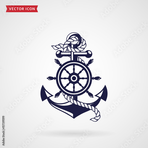 Anchor and steering wheel. Vector design element.
