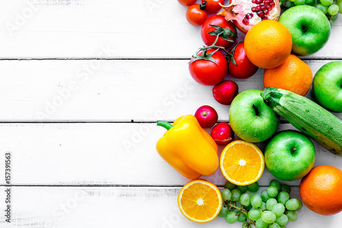 fruits and vegetables for healthy dinner on white background top view mock up