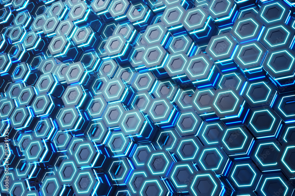 Obraz premium Abstract blue of futuristic surface hexagon pattern, hexagonal honeycomb with light rays, 3D Rendering