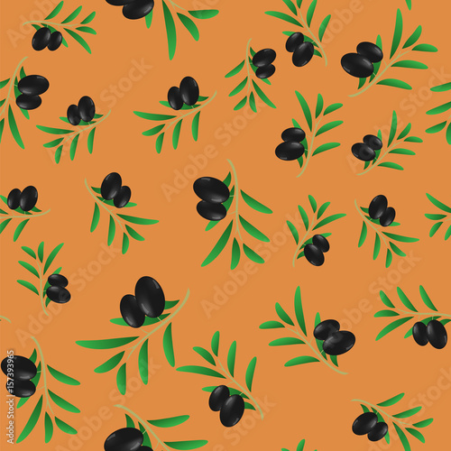 Black Olives Isolated on Orange Background. Seamless Pattern