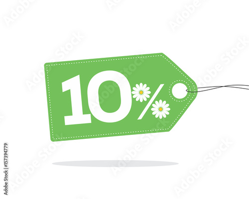 Green price tag label with 10% text designed with a daisy flower icon on it and with shadow isolated on white background. For summer sale campaigns.
