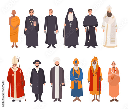 Set of religion people. Different characters collection buddhist monk, christian priests, patriarchs, rabbi judaist, muslim mullah, sikh, hindu leader, krishnaite. Colorful vector illustration.