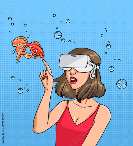 Concept of virtual reality. Girl in 3d-glasses and goldfish. Colorful comics vector illustration in pop art style.