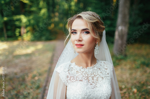 Stunning bride in magnificent dress stands on pass in park