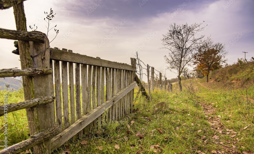 Wooden fence on pasture in nice sunny day
