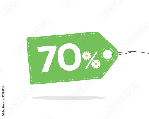 Green price tag label with 70% text designed with a daisy flower icon on it and with shadow isolated on white background. For summer sale campaigns.