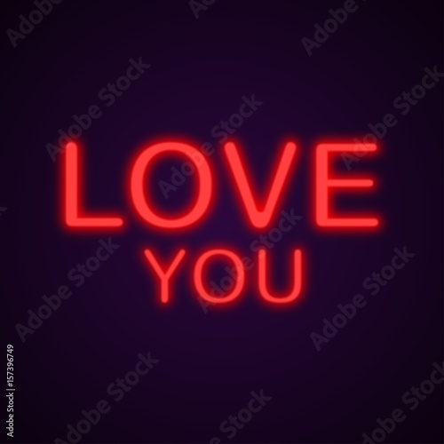 Neon text Love You, vector Font. Glowing text effect isolated on purple background