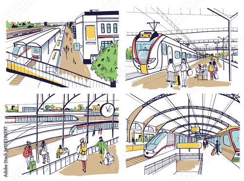 Set of sketches with railway station. Passengers on platform, waiting, arriving and departing train. Hand drawn colorful vector illustration.