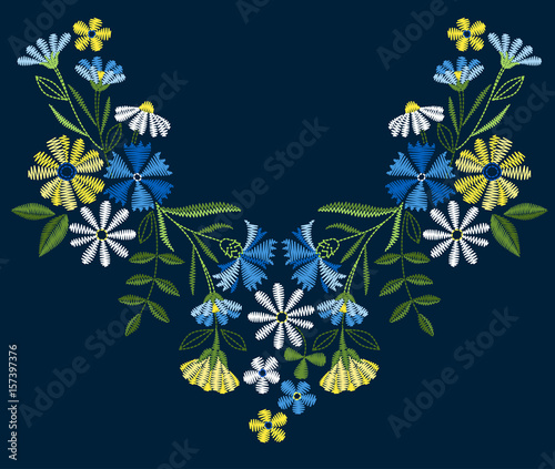 Vector design for collar t-shirts and blouses. Colorful ethnic flowers neck line. Embroidery for Fashion. Vector illustration.